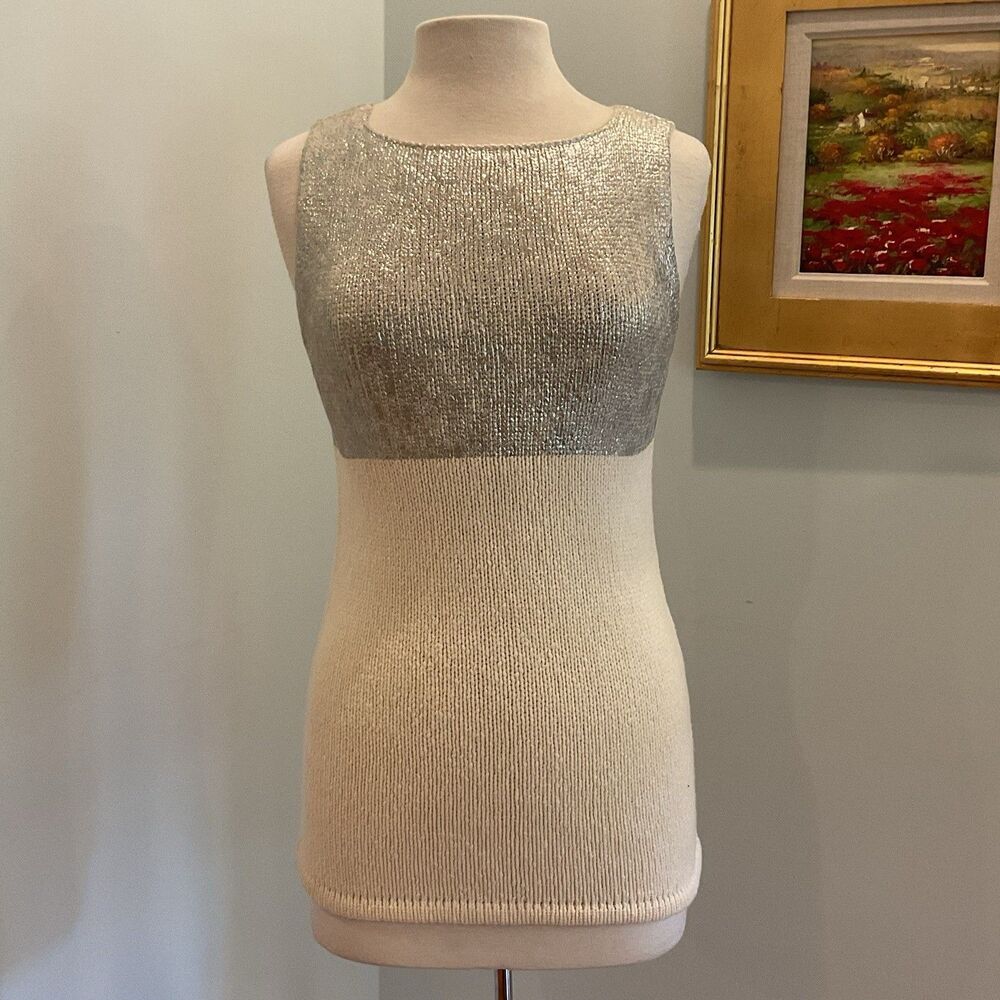 Kenneth Cole Merino Wool Metallic Knit Tank Top Silver White Small NEW‎ $158